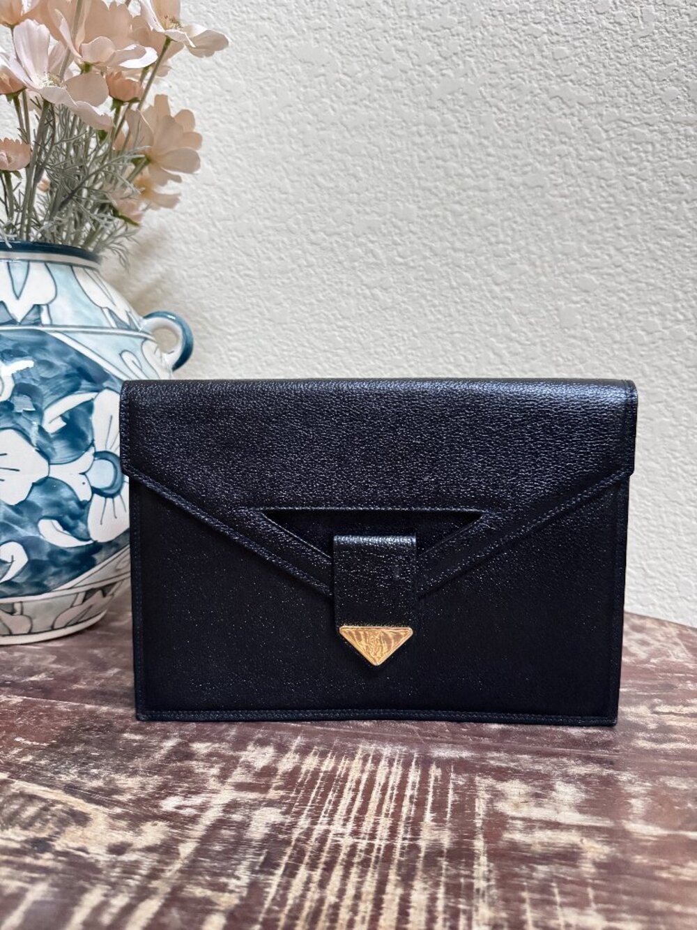 YSL Saint Laurent Black Leather Envelope Clutch + COA